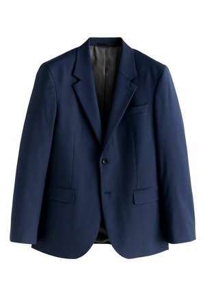 Blazer blu navy realizzato in tessuto intrecciato con una texture liscia, dotato di un singolo bottone, rever a punta e due tasche frontali.