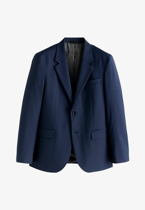 Sacou bleu marin din țesătură țesută, cu o textură netedă, având un singur buton, rever în formă de notch și două buzunare frontale.