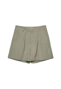 Shortsit oliivinvihreänä, muotoiltu malli, tasainen etuosa, kaksi sivutaskua ja sileä pinta, vetoketjukiinnitys ja koukku.