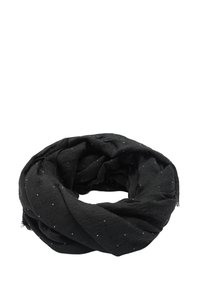 Czarny szalik wykonany z lekkiego materiału, ozdobiony drobnymi srebrnymi kropkami, o miękkiej fakturze i zaprojektowany jako pętla z drapowaniem.