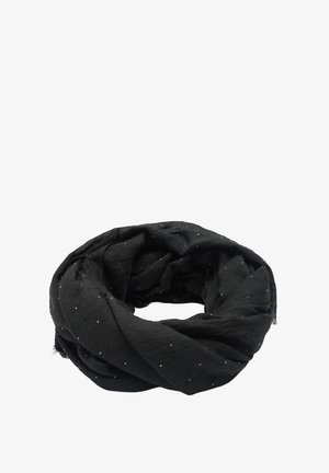 Czarny szalik wykonany z lekkiego materiału, ozdobiony drobnymi srebrnymi kropkami, o miękkiej fakturze i zaprojektowany jako pętla z drapowaniem.