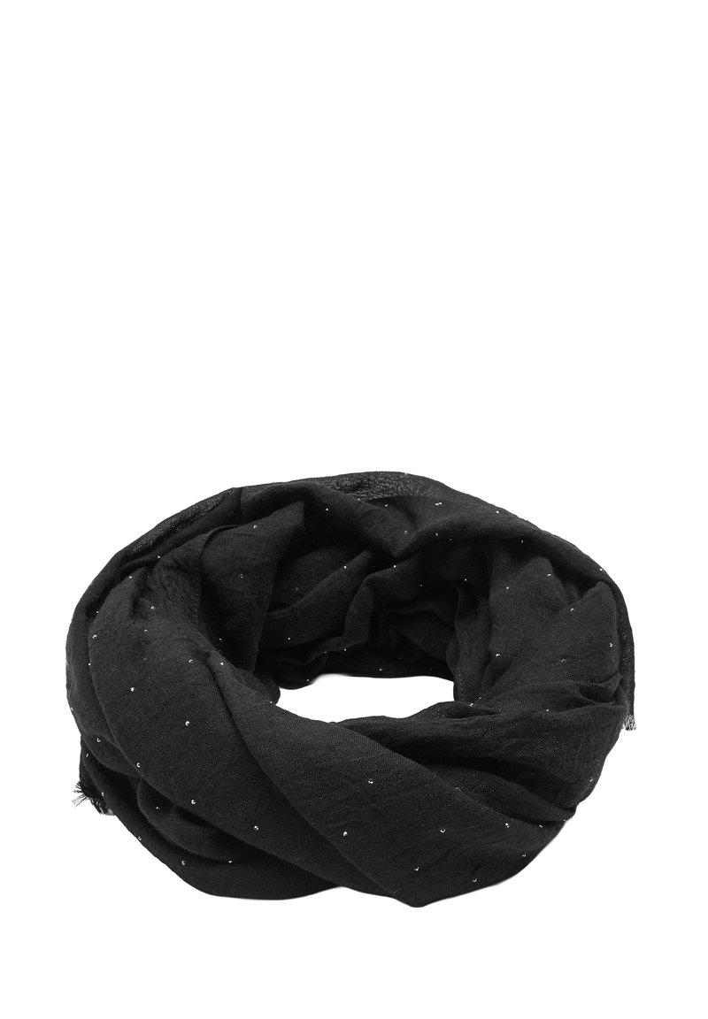 Czarny szalik wykonany z lekkiego materiału, ozdobiony drobnymi srebrnymi kropkami, o miękkiej fakturze i zaprojektowany jako pętla z drapowaniem.
