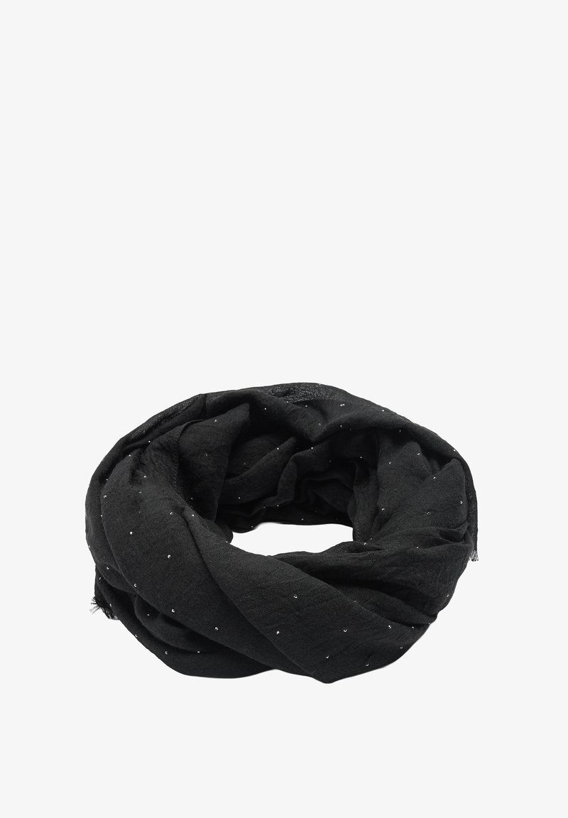 Czarny szalik wykonany z lekkiego materiału, ozdobiony drobnymi srebrnymi kropkami, o miękkiej fakturze i zaprojektowany jako pętla z drapowaniem.