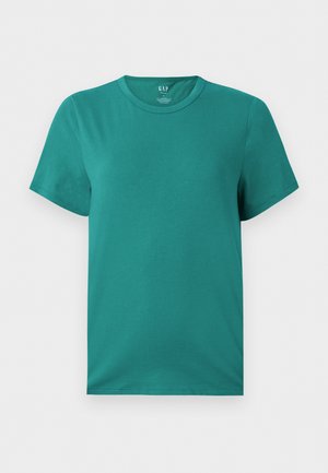 Enkel turkis kortærmet T-shirt med rund hals, simpelt design med synlige syninger på ærmer og kant, vist på hvid baggrund.