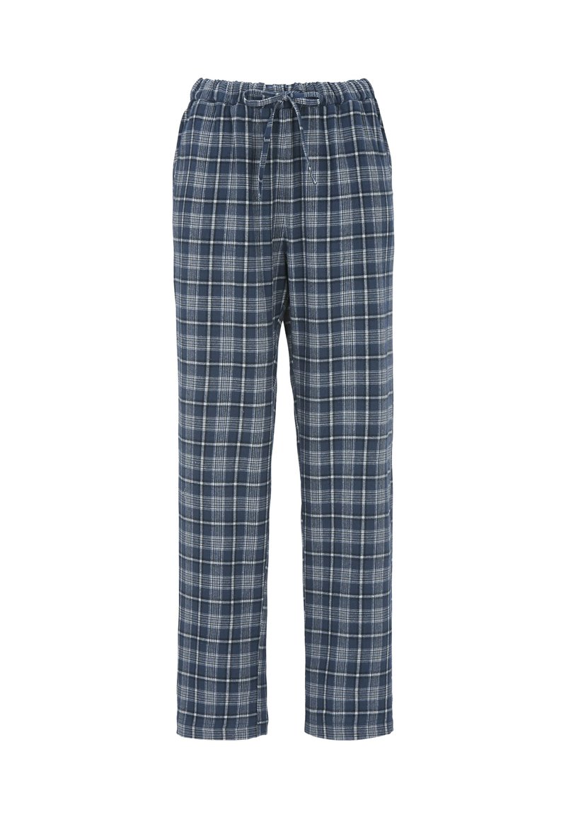 Blå og hvid ternede pyjamasbukser med elastisk talje og front snor, lige ben skæring.
