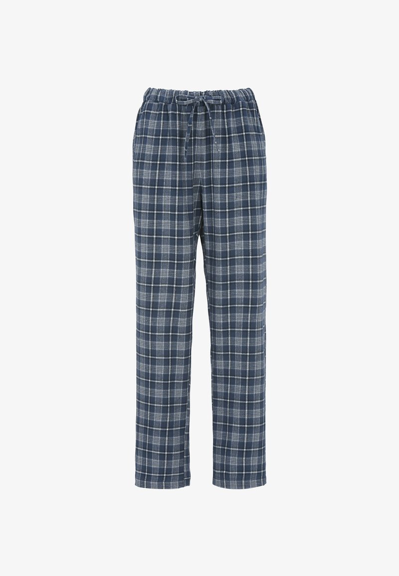 Blå og hvid ternede pyjamasbukser med elastisk talje og front snor, lige ben skæring.