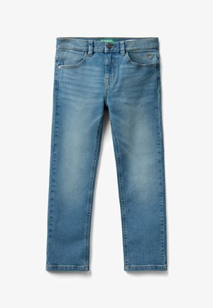 Jeans in denim azzurro chiaro con chiusura a bottone e cerniera, tasche frontali, passanti per cintura e lieve scolorimento su cosce e ginocchia.