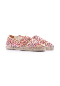Espadrilles en tissu tissé avec des teintes vives d'orange, de violet et de jaune, dotées d'une semelle en jute naturel et de côtés élastiques pour un enfilage facile.
