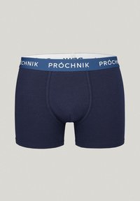 Granatowe bokserki z miękkim pasem z napisem "PRÓCHNIK". Wykonane z gładkiego materiału, o dopasowanym kroju z płaskimi szwami.