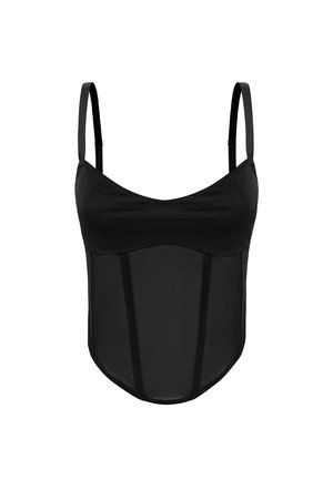 Camisola nera attillata con spalline sottili. Realizzata in materiale morbido, presenta un design strutturato e una silhouette snella con cuciture verticali.