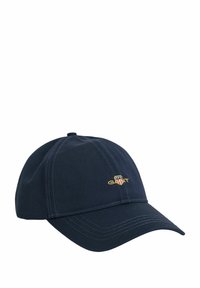 Marineblaue Mütze aus Baumwolle mit gebogenem Schirm, gesteppten Details und einem kleinen gestickten Logo auf der Vorderseite.