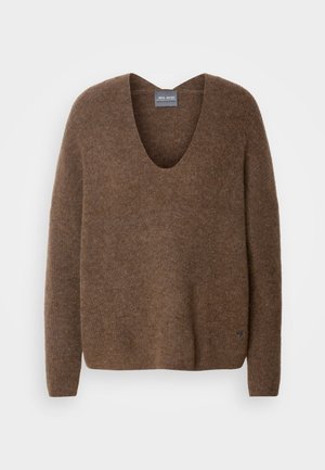 Brown, knitted sweater with a deep V-neck. Features long sleeves and a relaxed fit. Soft texture and subtle branding detail at the hem.