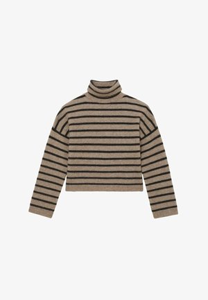Bruin-zwart gestreepte coltrui met lange mouwen, een korte pasvorm en een zachte, gebreide textuur.