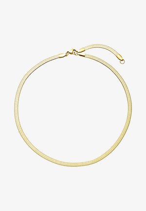Collier chaîne serpent en or avec fermoir mousqueton et extension réglable sur fond blanc.