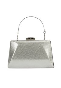 Metalen zilveren handtas met een geometrisch ontwerp, met een gestructureerde, rechthoekige vorm en een contrasterende draadgreep.