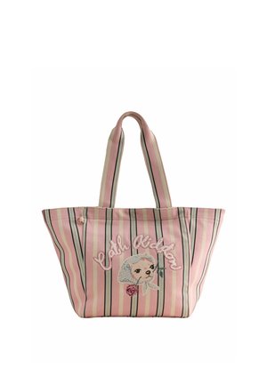 Růžová a bílá pruhovaná taška s černými liniemi zobrazuje psa držícího růži a "Cath Kidston" vyšitý na přední straně.
