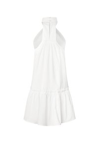 Vestido branco sem mangas com colarinho alto, cintura franzida e saia de corte evasê. Feito de um tecido leve, de textura suave e design simples.