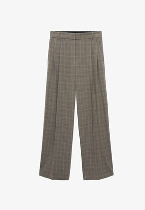 Checked wide-leg trousers in a beige and brown color scheme. Features a pleated front and a smooth waistband with belt loops.