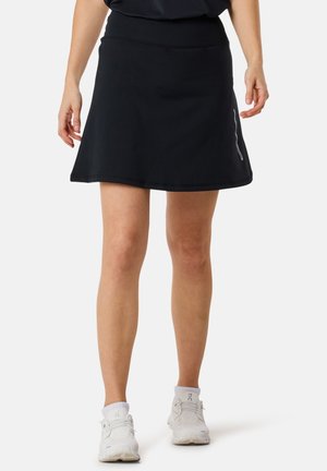 Black athletic skirt with a flared design, made of a stretchy fabric. Features a smooth waistband and a decorative white side stitch.