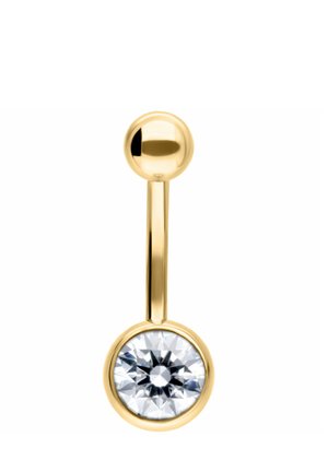 Gold belly button piercing barbell with a round clear gemstone on the lower end and a smooth gold ball on the top end.