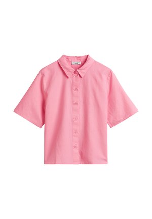 Schlichtes pinkfarbenes Kurzarm-Hemd mit Kragen, sechs Knöpfen vorne und einer leicht lockeren Passform.