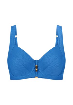 Blauer, strukturierter BH mit breiten, verstellbaren Trägern und goldenen Perlendetails vorne in der Mitte, entworfen für Halt und Komfort.