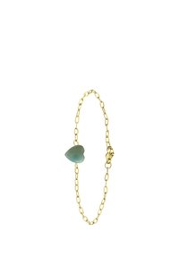Gouden schakelarmband met een lichtgroene hartvormige steen. Glad oppervlak en gepolijste afwerking, met een veilige lobster clasp.