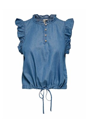 Modrá rifľová blúzka bez rukávov s volánikmi na ramenách, zapínaním na gombíky, vysokým golierom a nastaviteľným sťahovacím lemom.