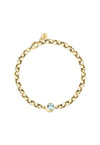 Braccialetto in materiale dorato con un gemma tonda di colore azzurro chiaro al centro. I collegamenti sono lisci e lucidi, dotati di una chiusura a molla sicura.
