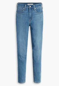 Vaqueros de denim azul claro con corte ajustado, con una cintura de altura media, bolsillos frontales y un cierre clásico de botón y cremallera.