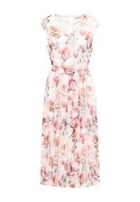 Robe midi florale avec décolleté en V et manches courtes. Tissu léger au design plissé, principalement rose avec des motifs floraux gris. Taille ceinturée.