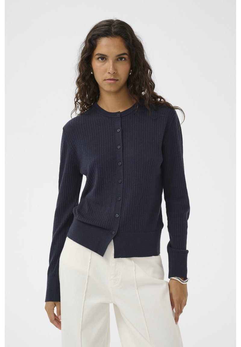 Marineblauer Rippstrick-Cardigan mit rundem Ausschnitt, langen Ärmeln und Knopfleiste. Verfügt über einen geraden Saum und eine strukturierte Stoffqualität.