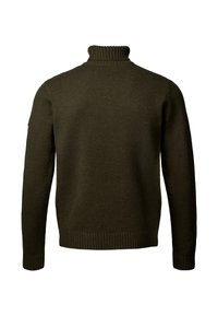 Pull vert foncé avec un col montant côtelé, des manches longues et un motif tricoté texturé. Présente un dos droit et des poignets côtelés ajustés.