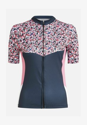 Florales kurzärmliges Radtrikot mit einem dunkelblauen Körper, rosa Einsätzen an den Seiten und einem halben Reißverschluss vorne. Polyesterstoff mit strukturiertem Finish.