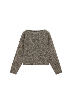 Gruby sweter z okrągłym dekoltem w czarno-białą melanzowaną włóczkę z długimi rękawami oraz ściągaczem u dołu i na rękawach, leżący płasko na białym tle.
