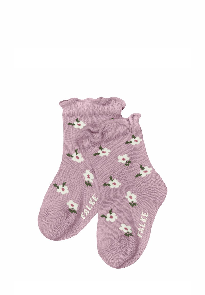 Lila Baumwollsocken mit einem rüschengesäumten Bund, verziert mit weißen Blumenmustern und grünen Blättern. 'FALIE'-Logo an der Seite.