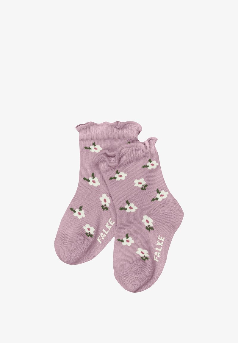 Lila Baumwollsocken mit einem rüschengesäumten Bund, verziert mit weißen Blumenmustern und grünen Blättern. 'FALIE'-Logo an der Seite.