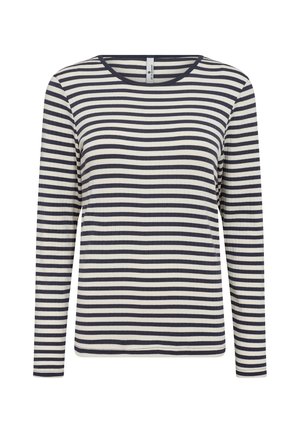 Langærmet top i creme og marineblå striber, med ribbet tekstur og rund halsudskæring. Enkel, buet kant forneden.