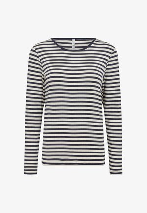 Langærmet top i creme og marineblå striber, med ribbet tekstur og rund halsudskæring. Enkel, buet kant forneden.