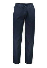 Pantalones de lino azul marino con cintura elástica, cordón ajustable y diseño de pierna tapered. Textura suave y detalles mínimos.
