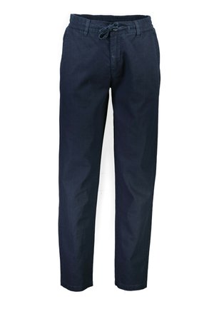 Mørkeblå linnedbukser med elastisk talje, justerbar snøre og tapered ben-design. Glat tekstur og minimal detaljer.