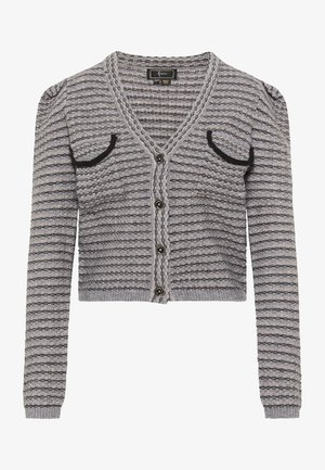 Hallid hall villane kardigan V-kaelusega, nööbikinnitusega ja kahe musta aksenttaskuga. Omab tekstuuriga triibusid ja pikki varrukasid.