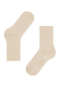 Beige Knöchelsocken aus weichem Material mit gerippter Textur. Verfügt über verstärkte Fersen- und Zehenbereiche, mit dem auf der Sohle aufgedruckten 'FALKE'-Logo.