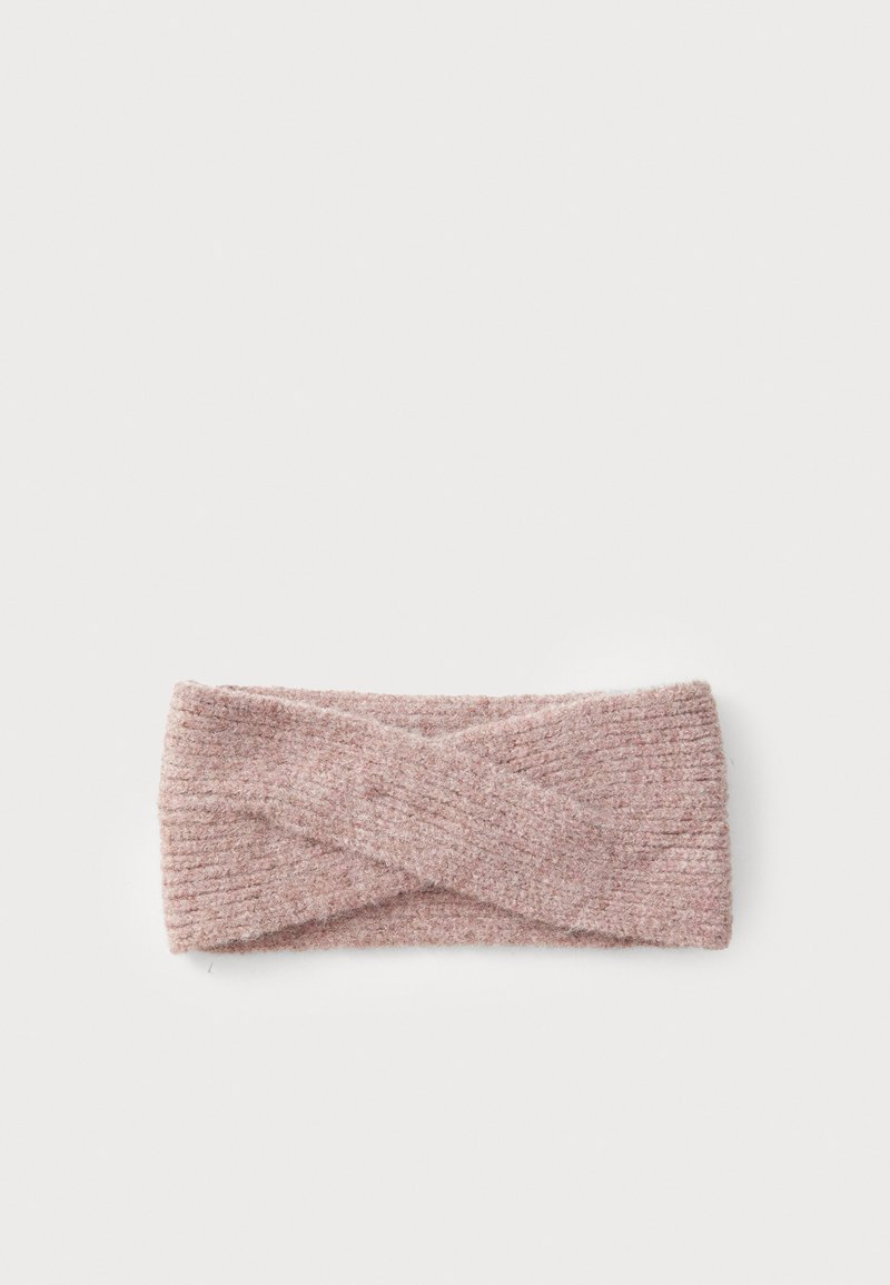 Gestricktes Stirnband in sanftem Pink mit gekreuztem Design. Mit gerippter Textur und elastischem Stretch für komfortablen Sitz. Geeignet für kühle Witterung.