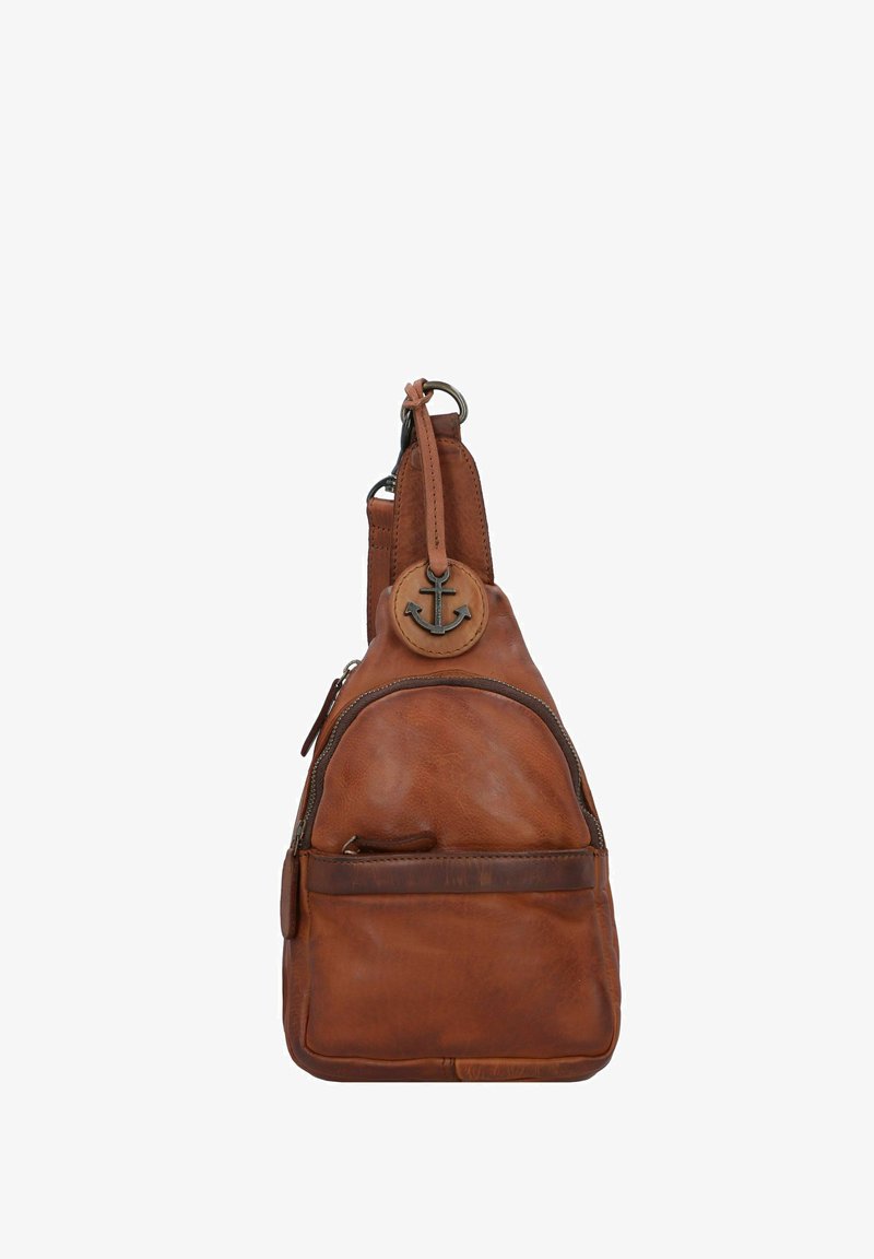 Borsa a tracolla in pelle marrone con una forma tondeggiante, dotata di una tasca anteriore, chiusura con zip e dettaglio a forma di ancora sulla tracolla.