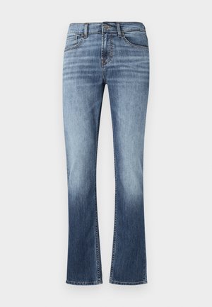 Blue denim jeans with a flared leg, faded finish, front pockets, belt loops, and a bronze button closure. Edge stitched hems.