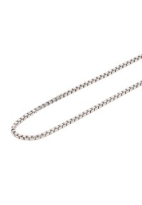 Srebrny metalowy łańcuch z kwadratowymi ogniwami, charakteryzujący się gładką fakturą i eleganckim wzornictwem. Łańcuch jest elastyczny i leży płasko na białym tle.