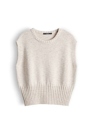 Gilet en tricot beige sans manches avec ourlet côtelé et encolure ronde, posé à plat sur fond blanc.