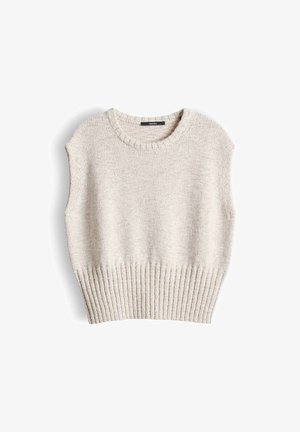 Gilet en tricot beige sans manches avec ourlet côtelé et encolure ronde, posé à plat sur fond blanc.