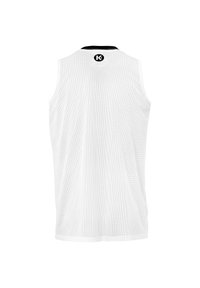Weißes ärmelloses Mesh-Sporttanktop mit schwarzem Kragen, ausgestattet mit einem atmungsaktiven Material und einem Logo auf der Rückseite.